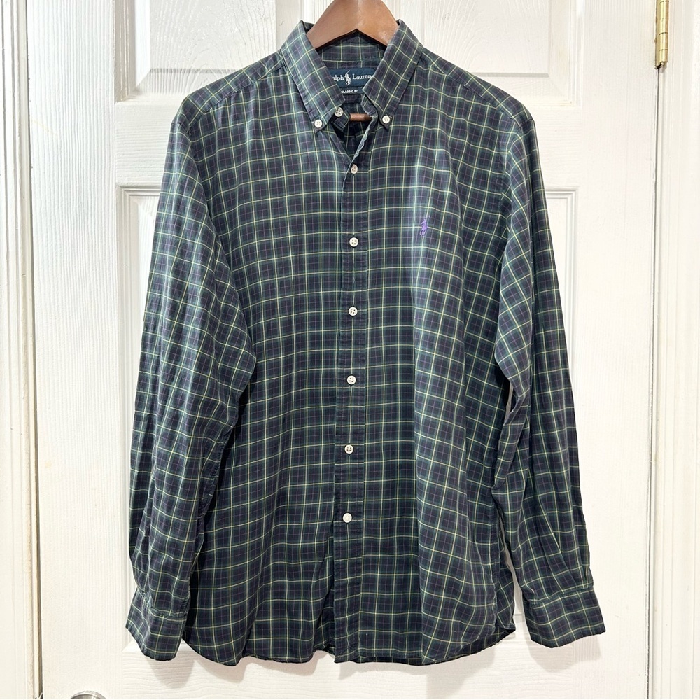 POLO Ralph Lauren Navy and Green Plaid Men's Button Down Shirt. Size Large